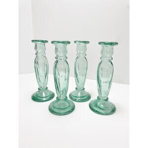 Pier One Spanish Green Recycled Glass 9" Candle Holder Stick Set of 4 Vintage